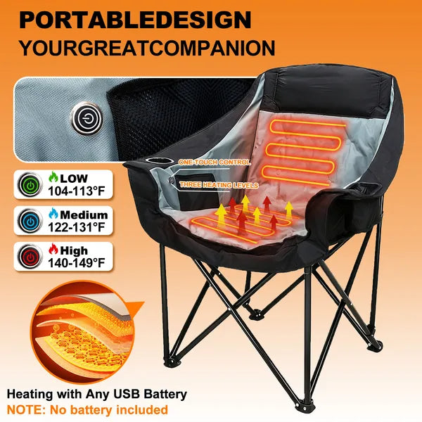 Oversized Heated Camping Chair with 3 Heat Levels – Portable Folding Moon Saucer Patio Lounge Chair