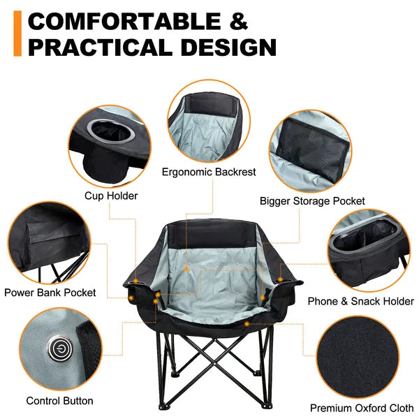 Oversized Heated Camping Chair with 3 Heat Levels – Portable Folding Moon Saucer Patio Lounge Chair