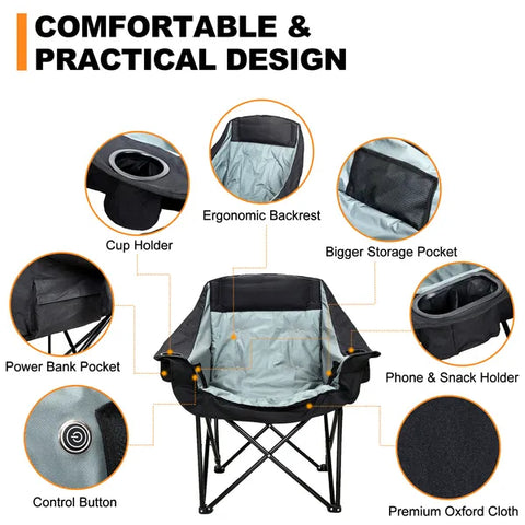 Oversized Heated Camping Chair with 3 Heat Levels – Portable Folding Moon Saucer Patio Lounge Chair