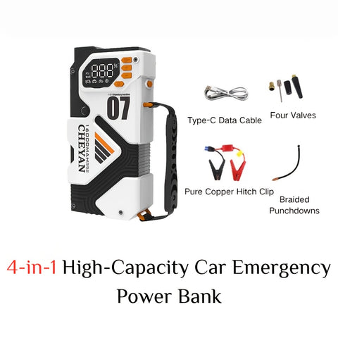 Ultra-High-Capacity 4-in-1 Car Emergency Power Bank – Jump Starter, Tire Inflator, Fast Charger & Portable Light for Gas/Diesel Vehicles
