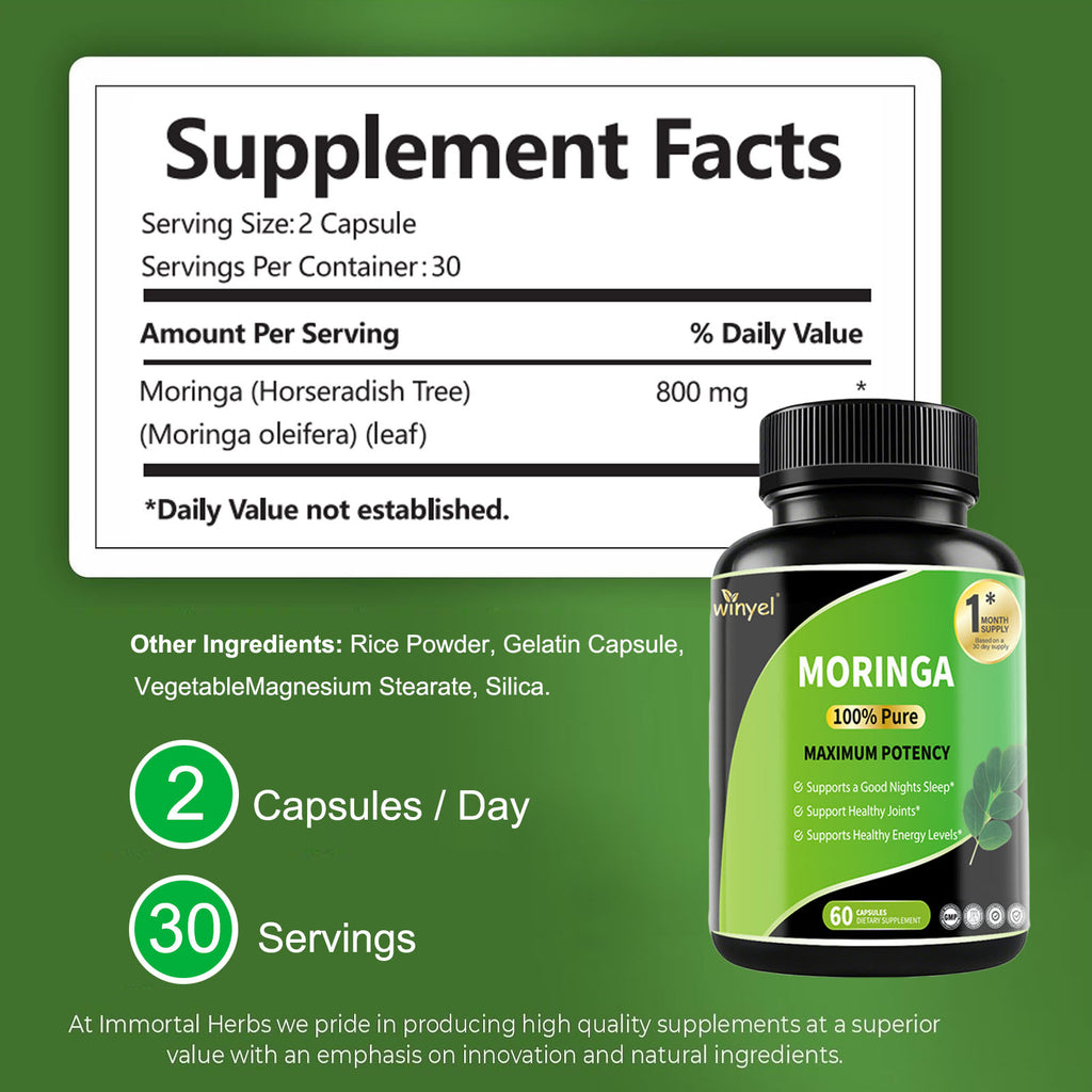 Pure Moringa Capsules - High Potency,With Essential Vitamins & Amino Acids - 60 Capsules