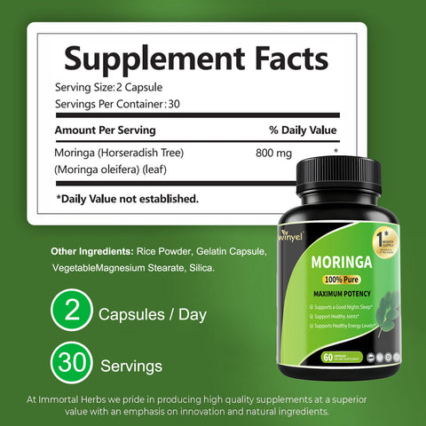 Pure Moringa Capsules - High Potency,With Essential Vitamins & Amino Acids - 60 Capsules