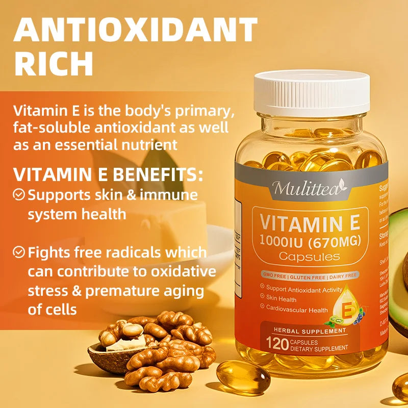 Mulittea Vitamin E 1000 IU Capsules – Single-Use Serum for Skin & Heart Health, 120ct