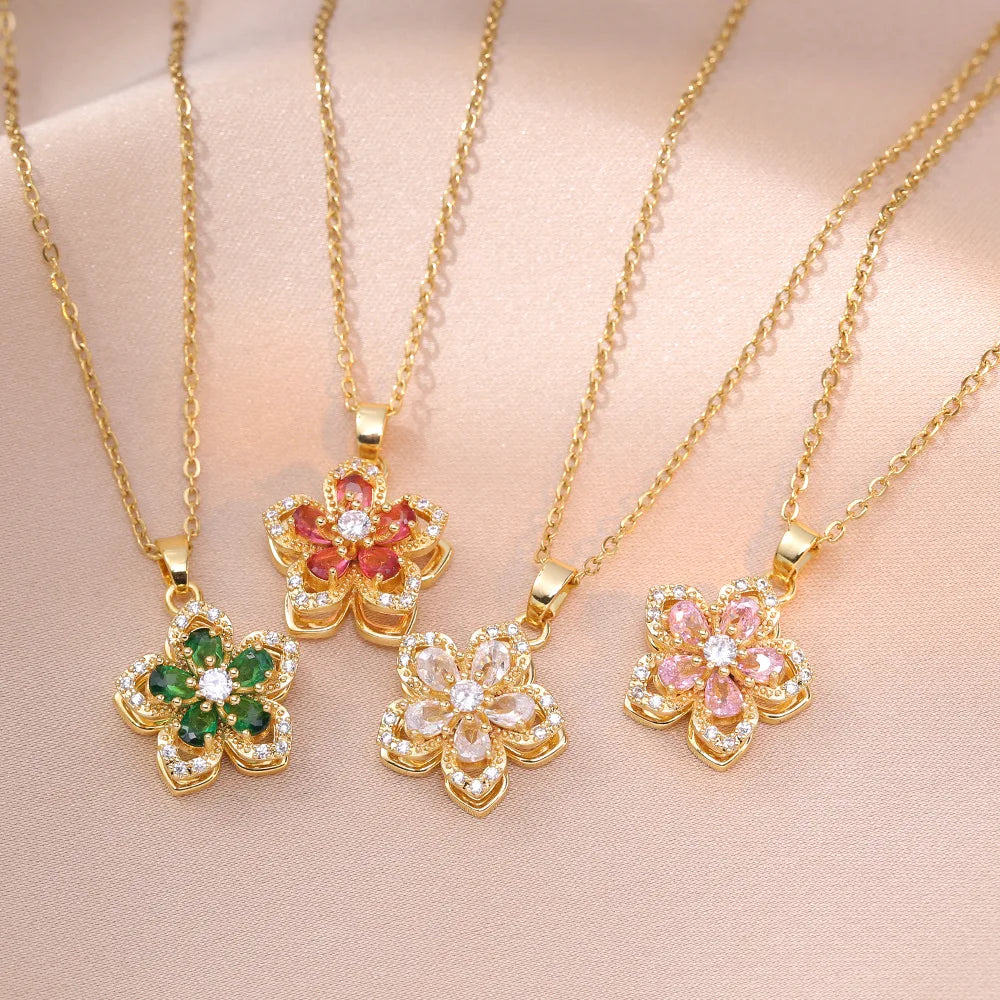 Luxury Gold Plated Flower Pendant Choker with Rotating Design