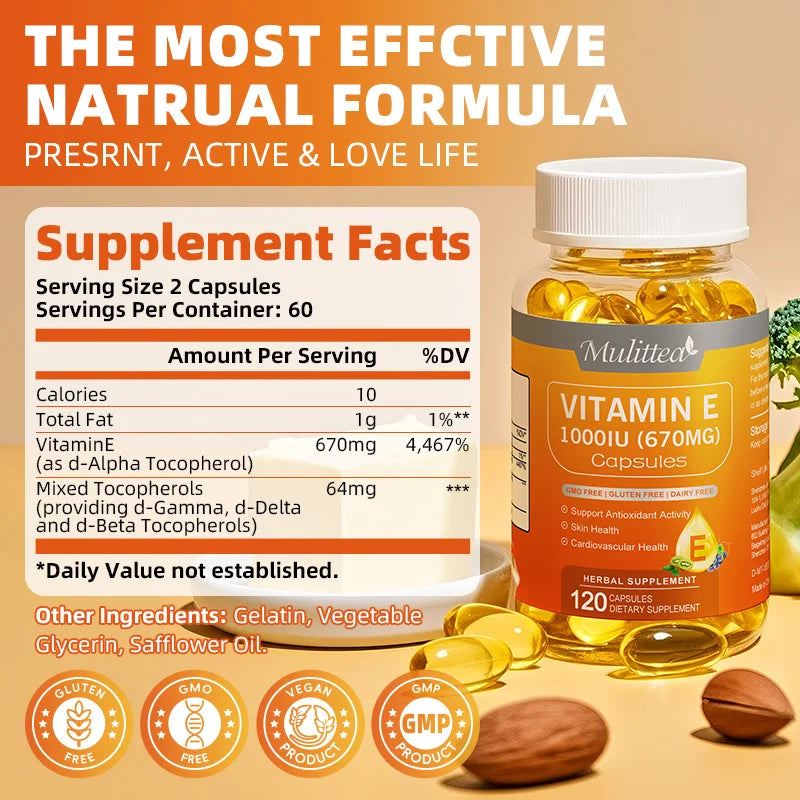 Mulittea Vitamin E 1000 IU Capsules – Single-Use Serum for Skin & Heart Health, 120ct