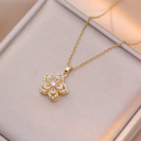 Luxury Gold Plated Flower Pendant Choker with Rotating Design