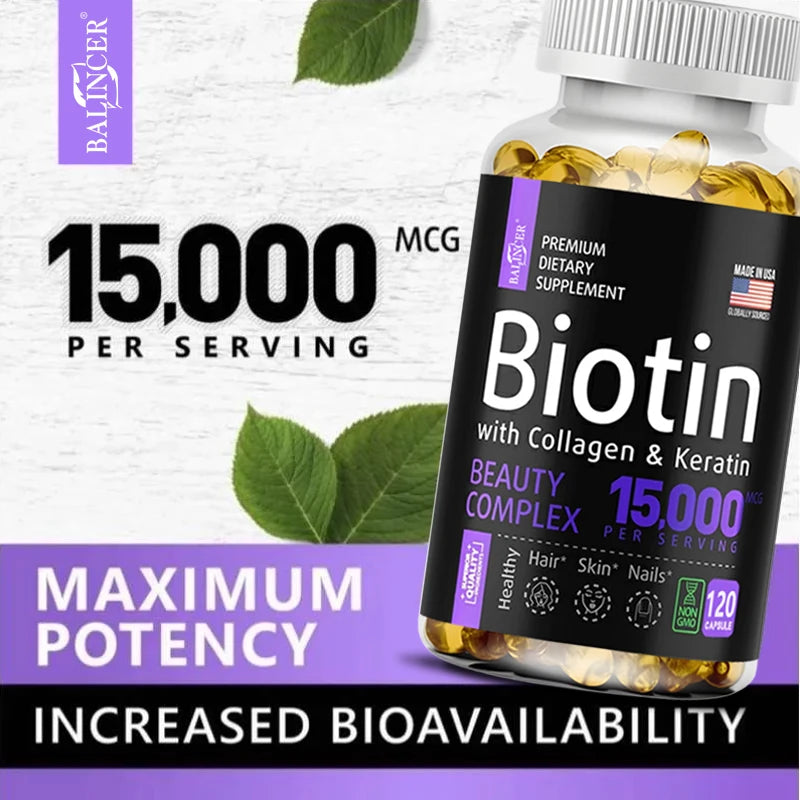 Biotin Hair, Skin & Nails Supplement – 15,000 mcg with Collagen, Keratin & Vitamins, Joint Support