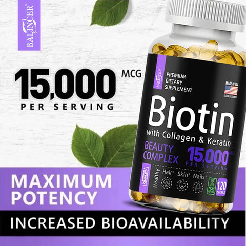 Biotin Hair, Skin & Nails Supplement – 15,000 mcg with Collagen, Keratin & Vitamins, Joint Support