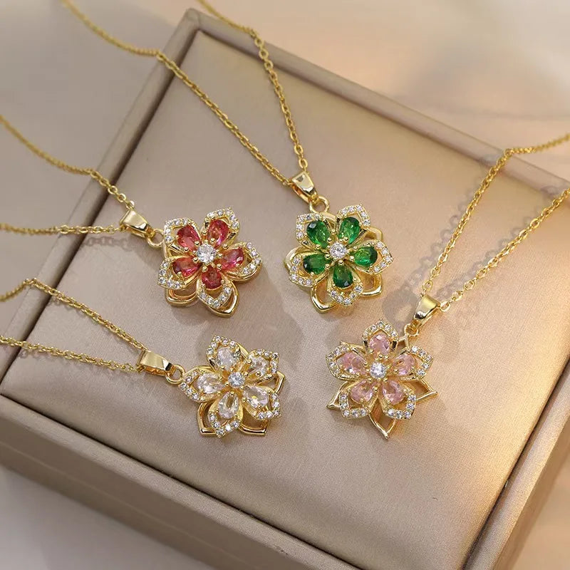 Luxury Gold Plated Flower Pendant Choker with Rotating Design