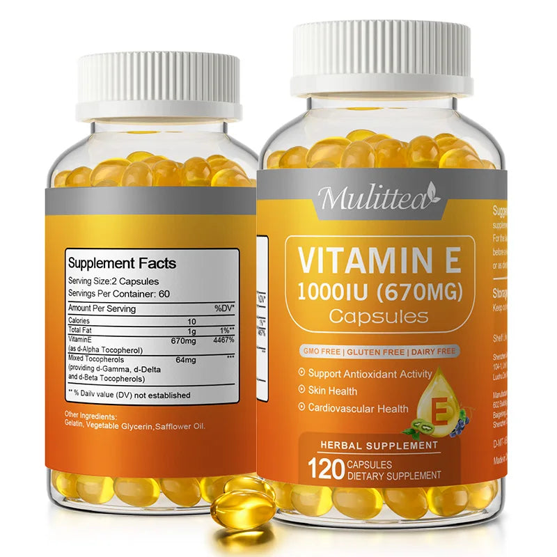 Mulittea Vitamin E 1000 IU Capsules – Single-Use Serum for Skin & Heart Health, 120ct