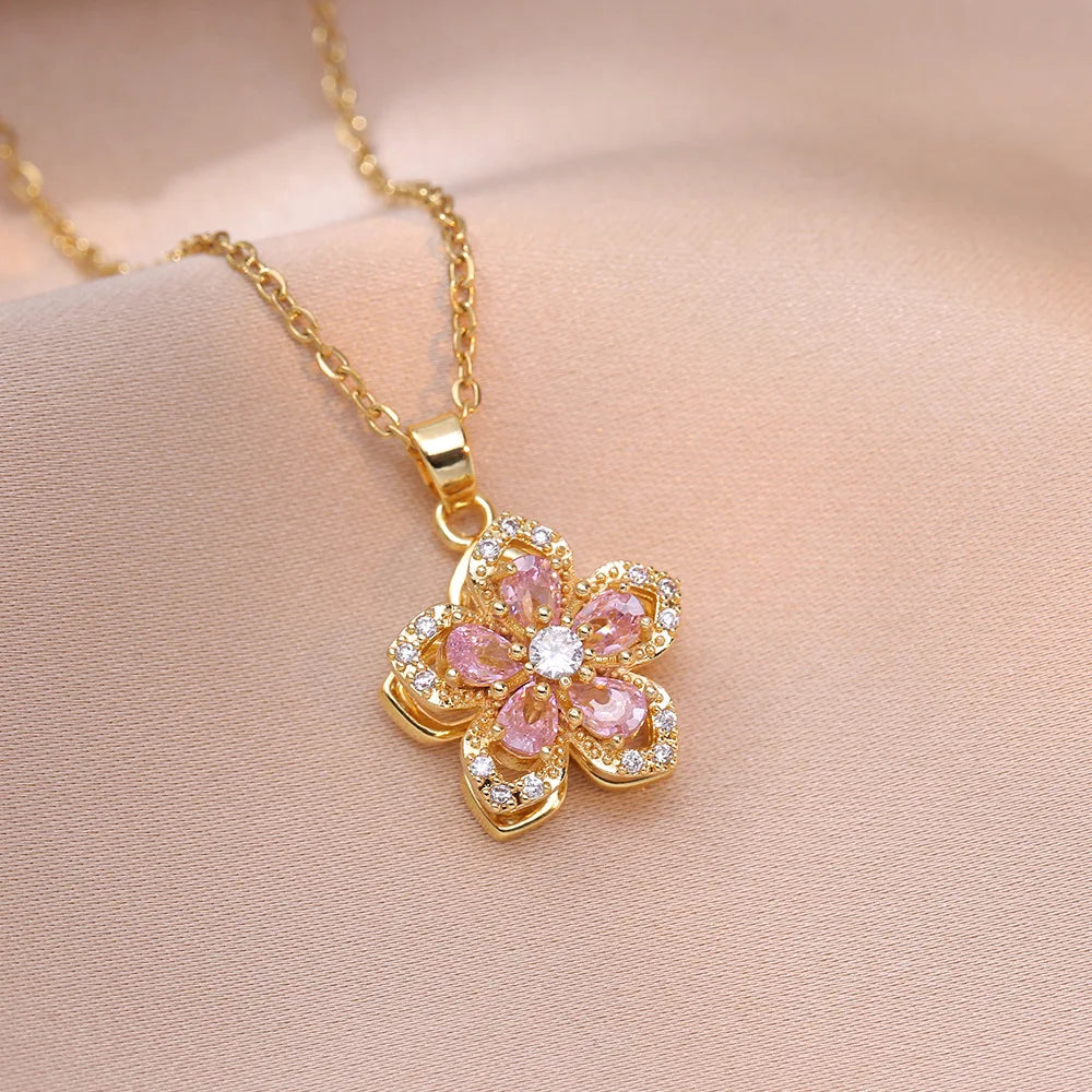 Luxury Gold Plated Flower Pendant Choker with Rotating Design