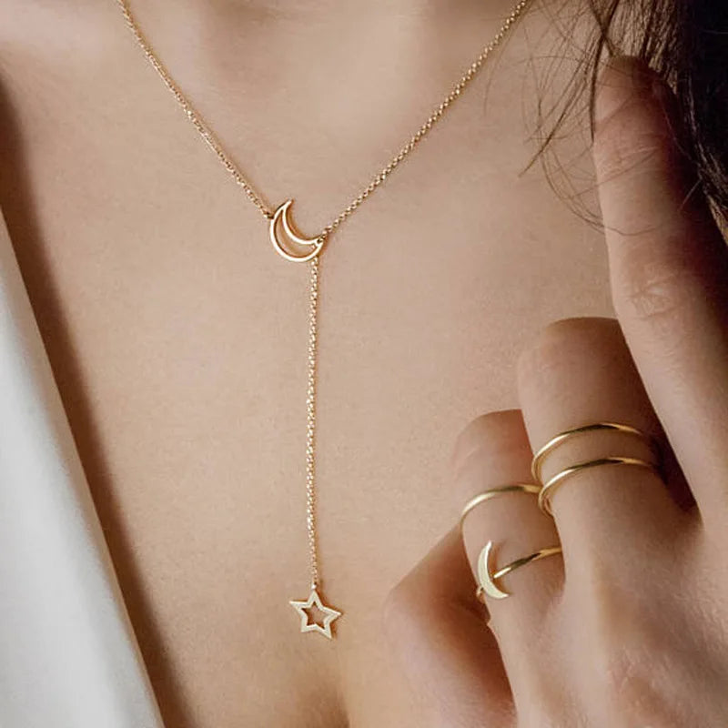 Gold Moon & Star Choker Necklace