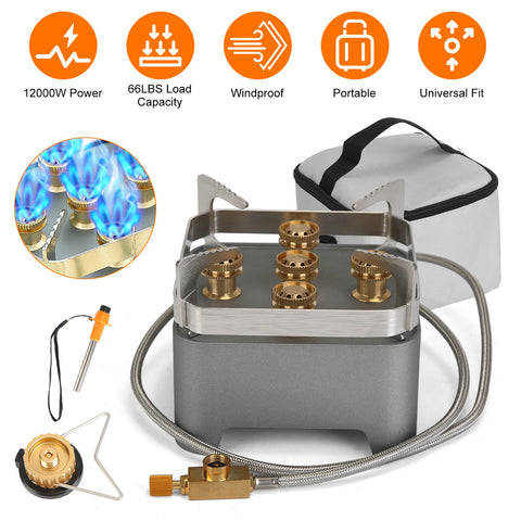 12000W Portable Camping Stove with Igniter – Windproof Backpacking Burner with Carry Case & Cassette Adapter