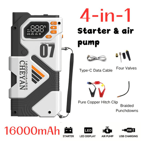 Ultra-High-Capacity 4-in-1 Car Emergency Power Bank – Jump Starter, Tire Inflator, Fast Charger & Portable Light for Gas/Diesel Vehicles